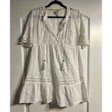 Knox Rose Babydoll Dress Women Medium White Boho Eyelet Tassel Cotton