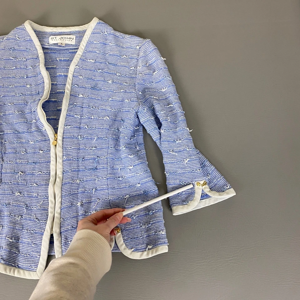 Chaqueta Blazer Tejida Tweed Colección St John Talla 8 Azul Blanco Borde Elegante Defecto* Foto 4 de 4