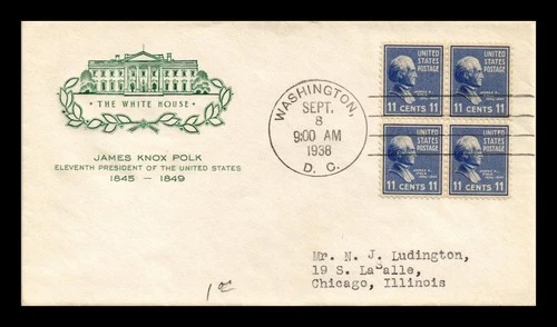 US COVER JAMES K POLK PRESIDENTIAL SERIES FDC SCOTT 816 BLOCK OF 4 HF CACHET