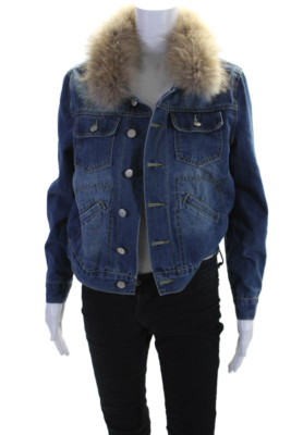 Oo La La Womens Blue Fox Fur Trim Removable Long Sleeve Denim Jacket Size XS