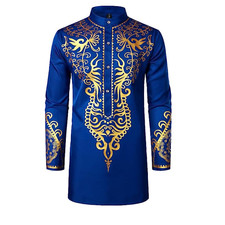 LucMatton Men's X-Large Long Sleeve Royal Blue and Gold Print Traditional Tunic