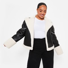 I Saw It First Womens Premium Faux Leather Borg Belted Aviator Coat Jacket