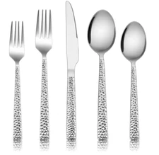 40-Pc Hammered Silverware Set for 8, Stainless Steel Flatware, Dishwasher Safe