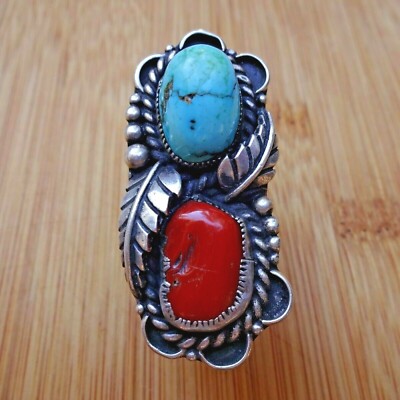 HUGE Vintage Sterling Silver OLD RED MEDITERRANEAN CORAL TURQUOISE