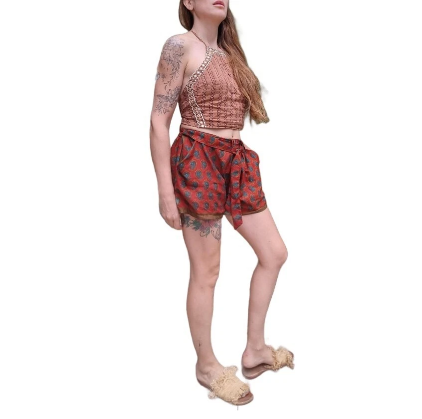 Pantalones Cortos 100% Seda S M Festival Capri Ligeros Aireados Verano Playa De Colección Boho Hippie Foto 3 de 4