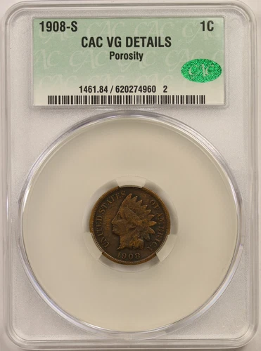 1908-S 1C CACG VG Details Indian Head Penny