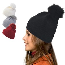 Women's Girls Winter Fashion Knitted Beanie Hat with Faux Fur Pom Lined Warm