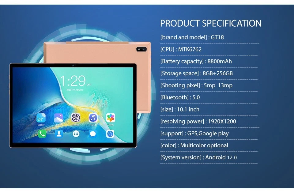 10.1Inch Android12 Tablet PC 8GB RAM 256GB ROM Dual SIM Camera GPS 5GWiFi - Image 4 of 4