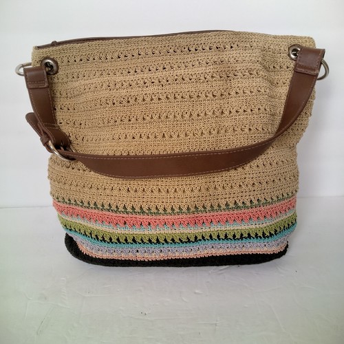 Women's Woven Bass Crochet Tan Hand Bag Beach Bag Summer Purse With Brown Strap