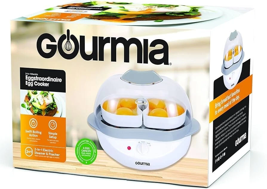Gourmia 2-in-1 Electric Egg Cooker Steamer and Poacher for 6 Eggs