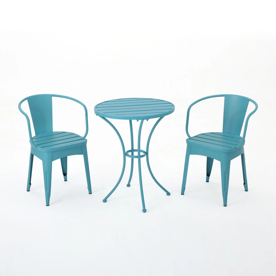 Patio Bistro Set 3 Piece Outdoor Cast iron Bistro Set Chair and Side Table Blue - Image 2 of 4