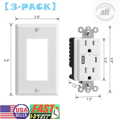 [3-Pack] USB Type C Wall Outlet Duplex Receptacle 15A, Smart 4.2A Quick Charging