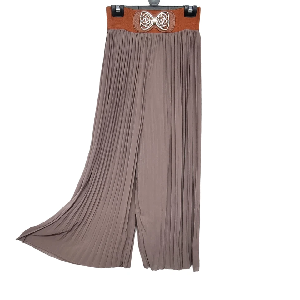 New Women Pleated Chiffon Summer Wide Leg Belted Trouser Pants Baggy Loose Style - Image 3 of 4