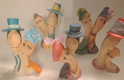 Lot of 5 La Amore Figurine Cake Topper European Lovers Top Hat Wood 6''