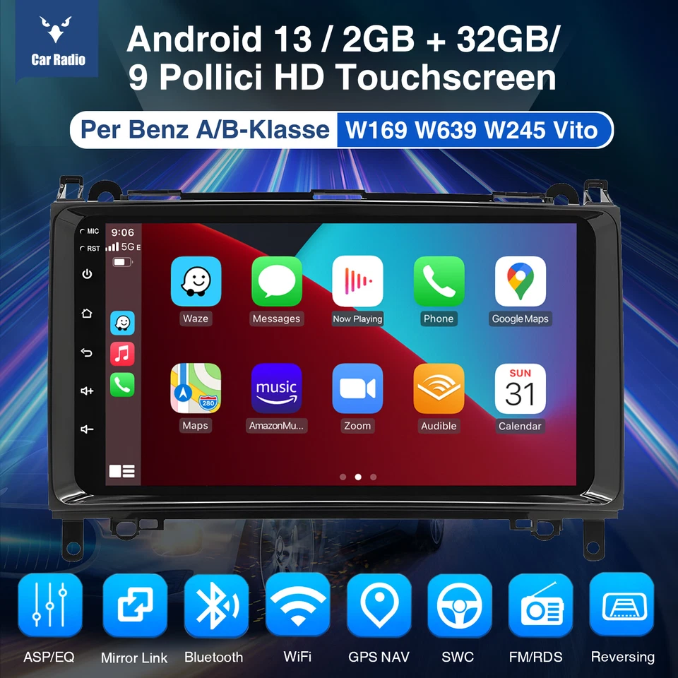 Für Mercedes-Benz A/B Klasse/Vito W169 W639 W245 Autoradio 2+32G Android 13 Navi - Immagine 4 di 4