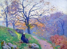 Oil painting charming autumn landscape with countrywoman Hand painted nice