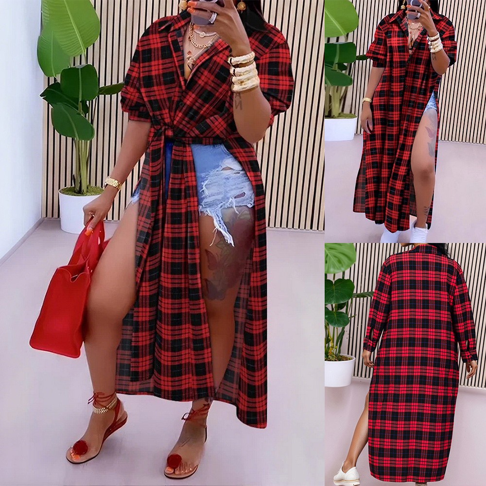 Women's Long Sleeve Plaid Check Xmas Split Tunic Tops Shirt Casual Blouse Shirt