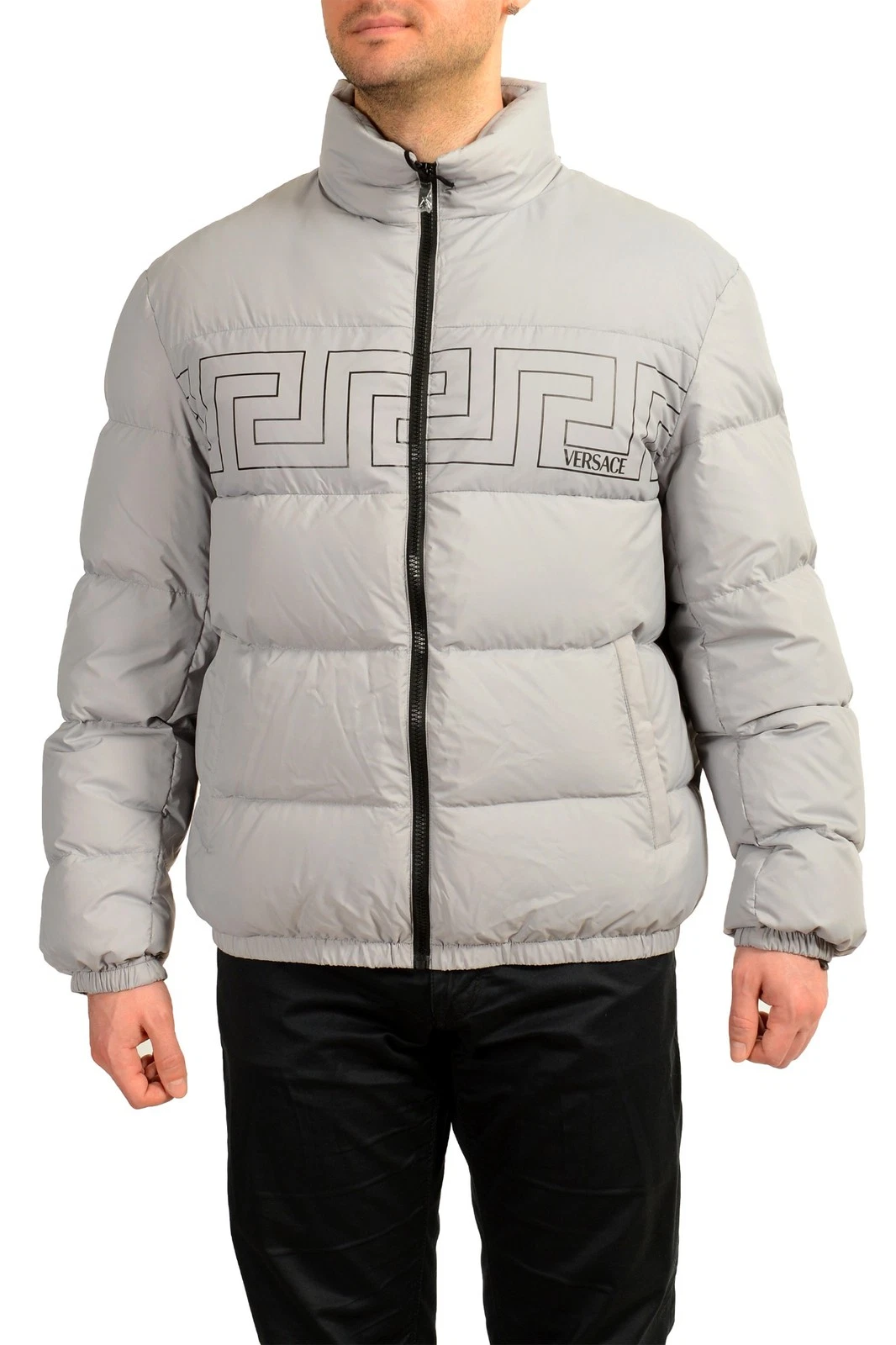 Versace — Versace Men's Gray Greeca Print Full Zip Down Parka Jacket US XL IT 54