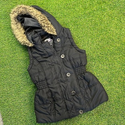 Krush Black Puffer Vest Faux Fur Trim Hooded Elastic Waist Quilted Medium