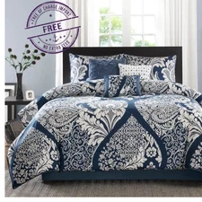 Madison Park Marcella 7 Piece Cotton Printed Comforter Set - Indigo - Queen