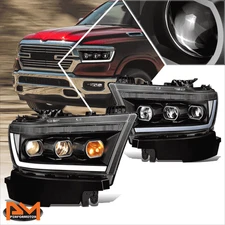 For 19-24 Ram 1500 Black/Clear Projector Headlights w/LED DRL Start Up Animation