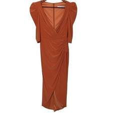 Mac Duggal Orange Draped Midi Dress Size 2 Ruched Wrap Cocktail Evening