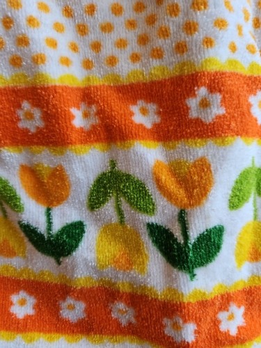 Vintage Terry Cloth Apron~MCM Tulip Flowers, Retro, Waist Tie, Vivid Orange - Picture 6 of 8