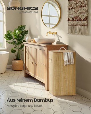 SONGMICS Wäschekorb mit Deckel, Wäschesammler Bambus, Wäschebox mit Griffen