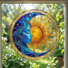 Sun and Moon Stained Glass Golden Frame Suncatcher , Celestial Window Hanging