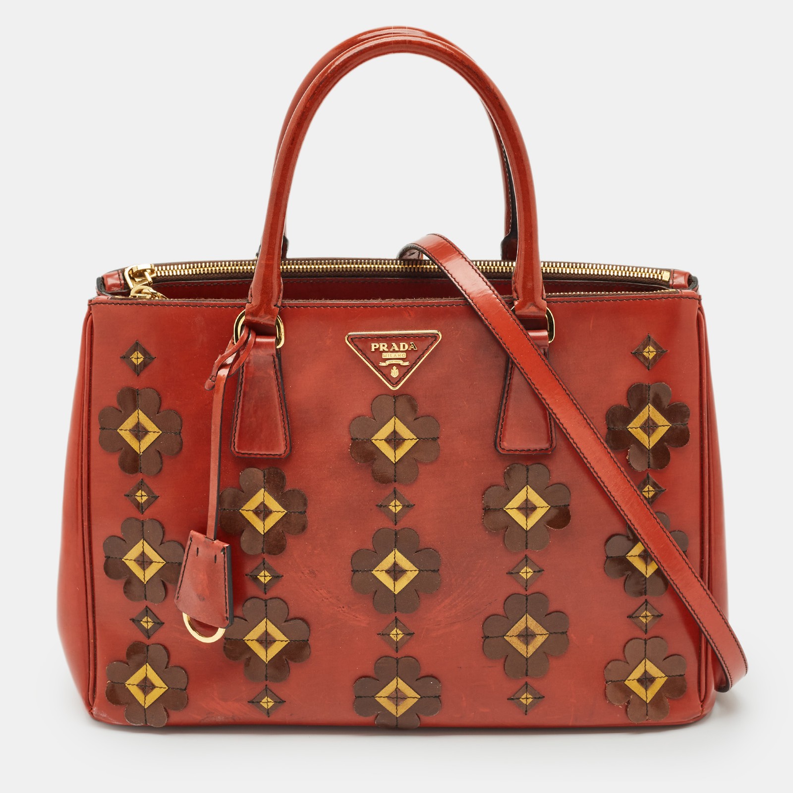 Prada Brick Red Patent Leather Floral Applique Zip Tote