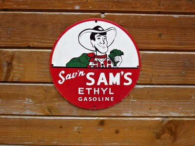 SAVIN SAMS ETHYL BENZIN SCHWERES EMAILSCHILD. USA AMERICANA. TOLLE PATINA.
