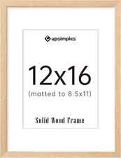 12X16 Frame, Natural Solid Wood Picture Frames, Display 8.5X11 with Mat or 12 X 