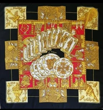 HERMES Tarot Silk Scarf 90 Black Yellow Red Authentic Fashion Timeless