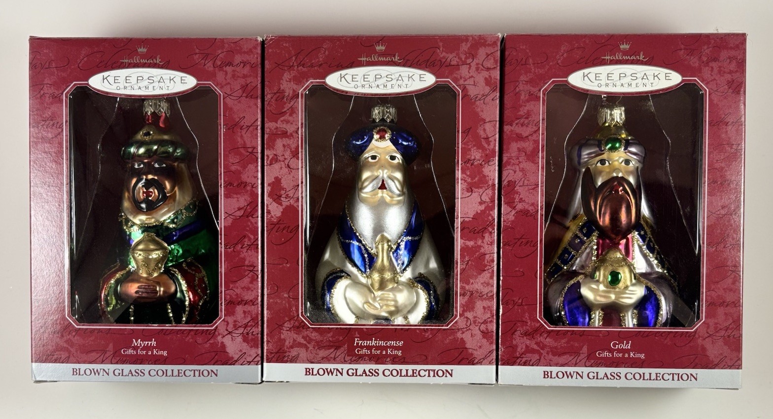 1998 Hallmark Ornament Blown Glass Three Wise Men Gold Frankincense & Myrrh Set