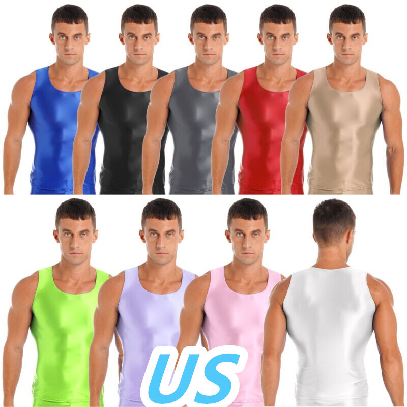 US Mens Glossy Vest Tank Top Stretchy Sleeveless Workout T-shirt Sportswear