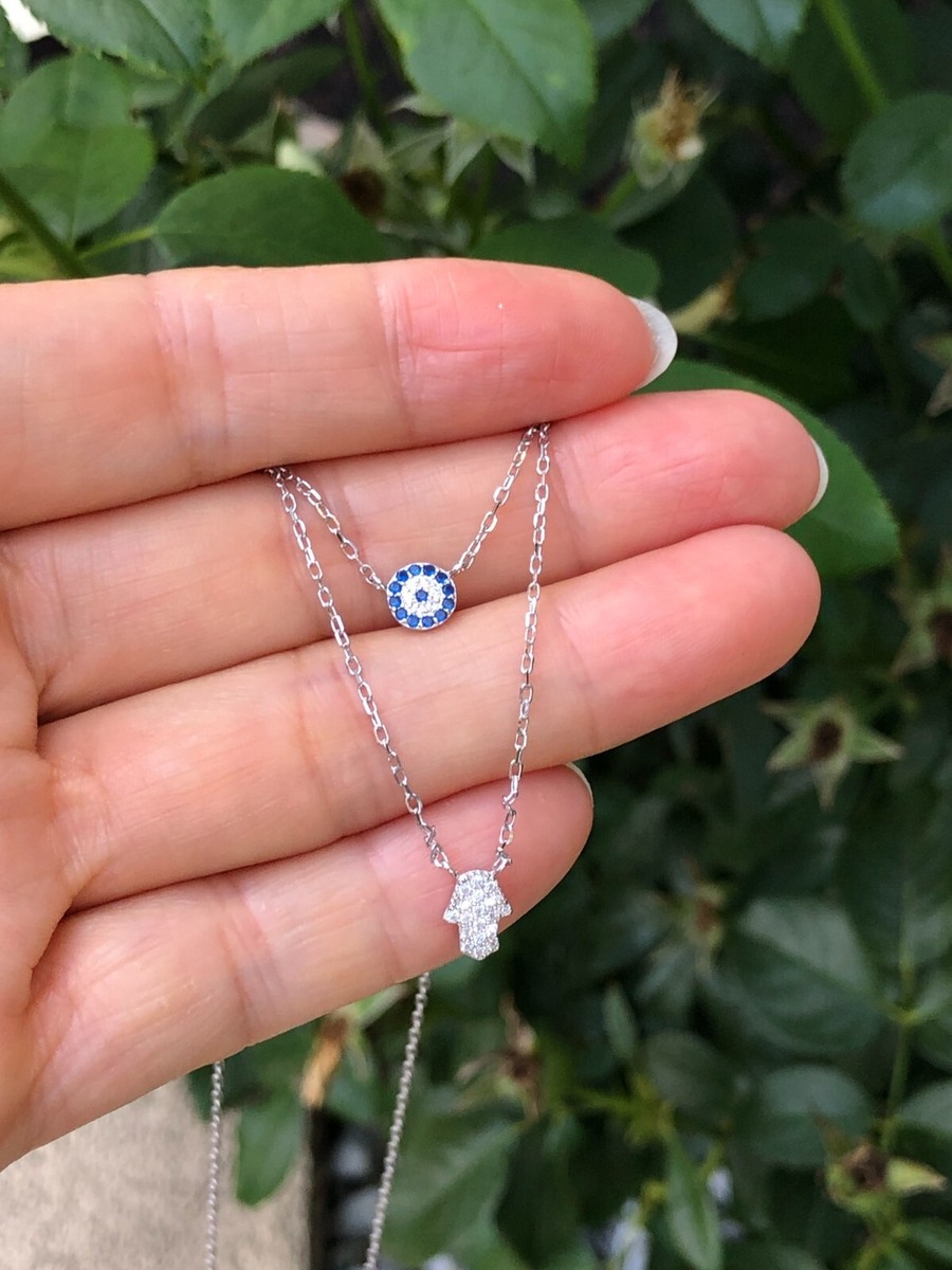 925 Sterling Silver Dainty Cz Evil Eye Hamsa Hand Layered Necklace 5mm/7mm 