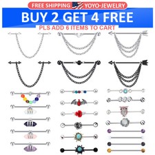 1PC Industrial Barbell 316L Steel Chain Dangle Cartilage Earring Jewelry 14G US