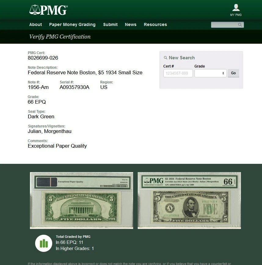 1934 $5 Federal Reserve Note Boston PMG 66EPQ 2nd highest graded Fr 1956-Am - Image 2 of 3