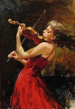 hand-painted Oil Painting red ress portrait playing violin girl