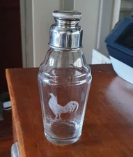 1910-39 ART DECO ENGLISH ETCHED GLASS COCKEREL COCKTAIL SHAKER with SILVERPLATE