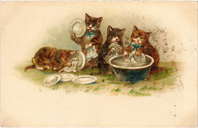 PC KATZEN, VIER KATZEN BEIM ABWASCH, Vintage LITHO Postkarte (b46632)