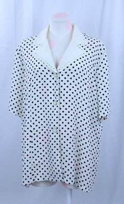 VTG Lai Man Top Blouse Button Up Polka Dot Black White Embordered Collar Shirt