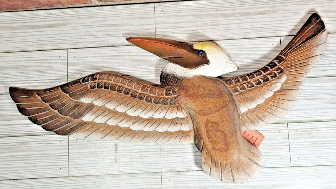 T.I. Design Hand-carved Wood Flying Pelican | Wall Décor Natural Wood Finish