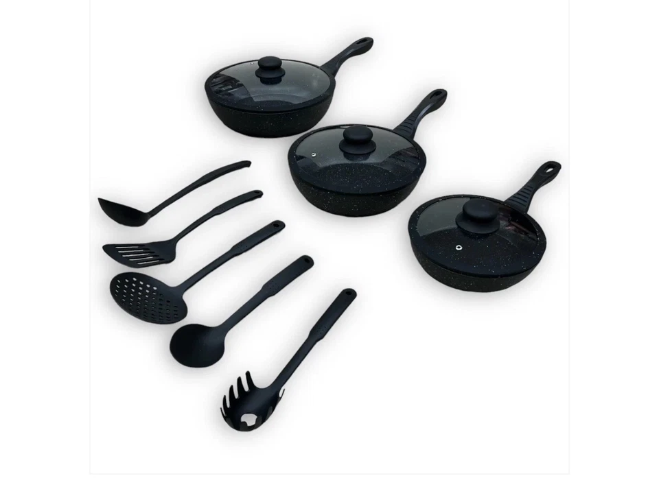 Bavaria Set 3 Padelle Alte Nere In Pietra Lavica Con Coperchi In Vetro Antiurto - Immagine 2 di 4