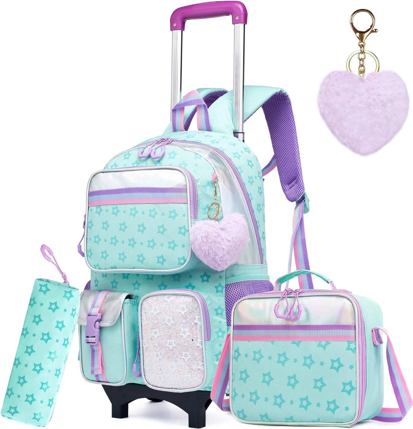 Rolling Backpack with Wheels for Girls 8-10 Years School Travel Set