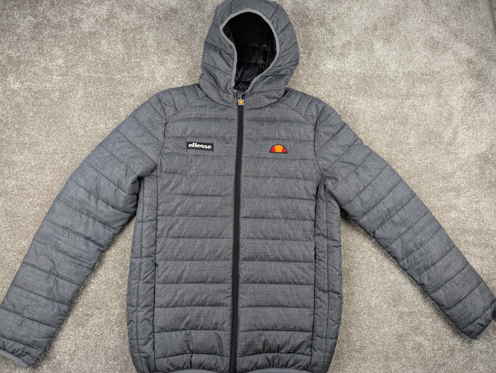 Ellesse Lombardy Grey Mens Hooded Puffer Jacket UK S Quilted Full Zip Coat