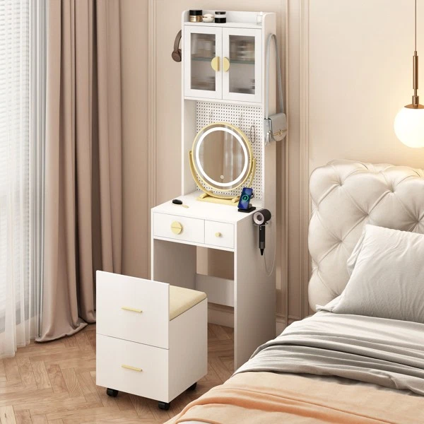 Mesa de Maquillaje Almacenamiento Cajones Taburete Compacto Tocador Escritorio con Espejo Luces LED NUEVO Foto 3 de 4