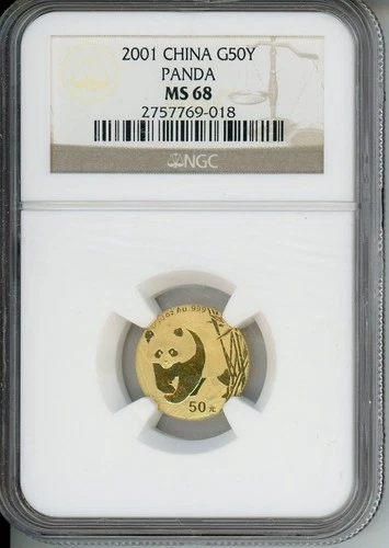 2001 GOLD PANDA 50Y 50-Yuan Yn CHINA NGC MS68 SCARCE 1/10 Oz. MS-68 BEAUTIFUL !