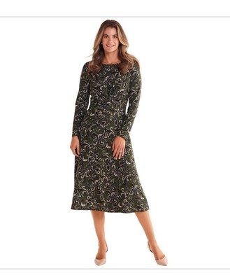 Perceptions Womens Long Sleeve Olive Paisley MIDI  Slim Dress Size Large