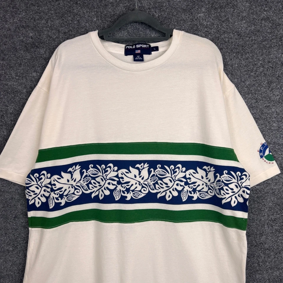 Винтажная футболка Polo Sport Ralph Lauren гавайская в цветочную полоску с логотипом мужская L - Изображение 3 из 4